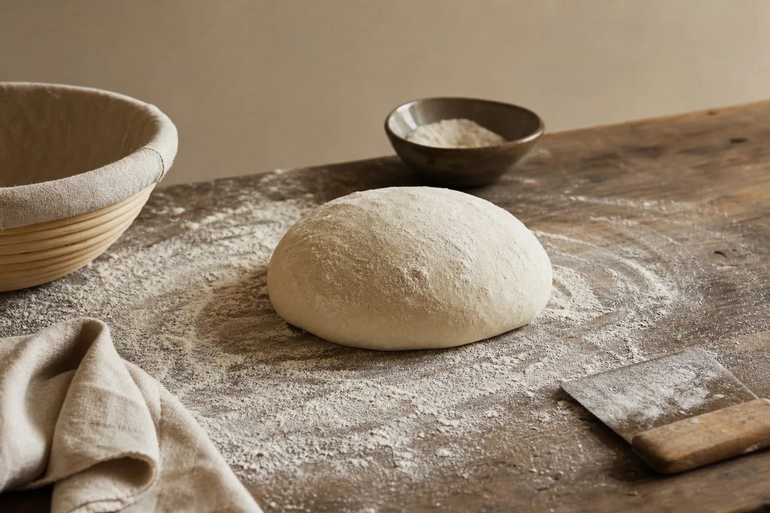 Sourdough dough resting on a flour-dusted artisan work surface