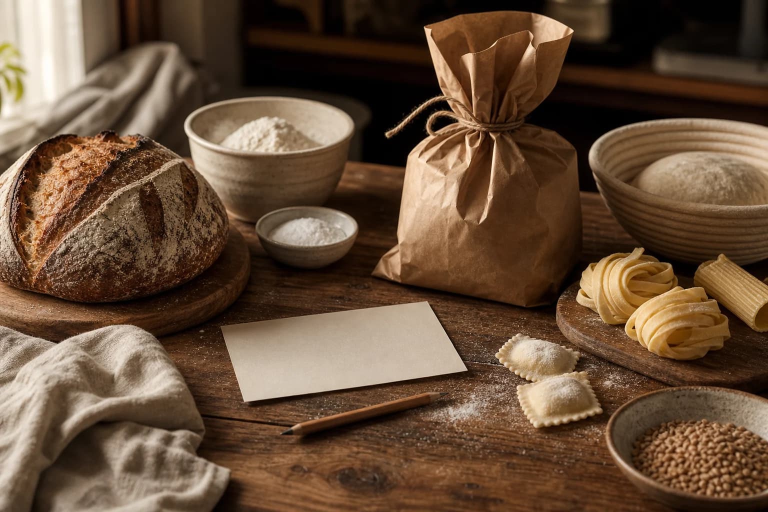 An artisan order table with sourdough, fresh pasta, and a handwritten request card