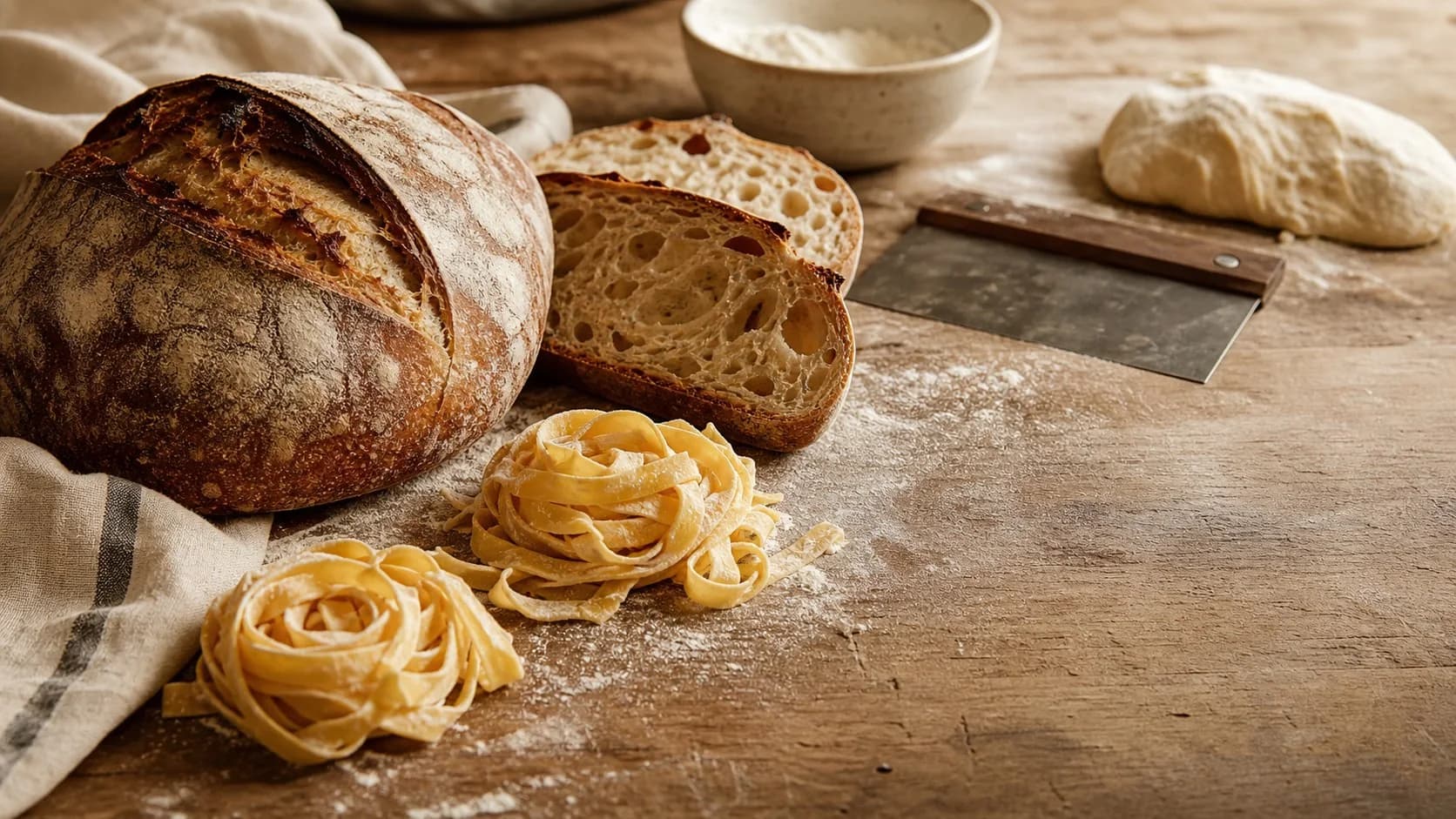 Handmade sourdough and fresh pasta on a flour-dusted table